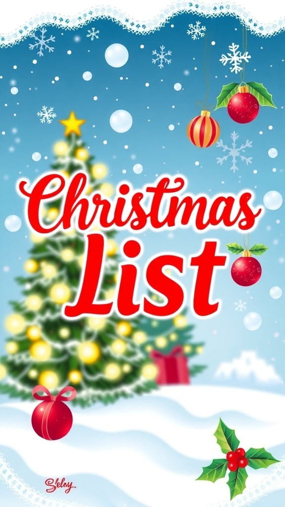 A festive Christmas list cover with a decorated tree, snowflakes, and the title 